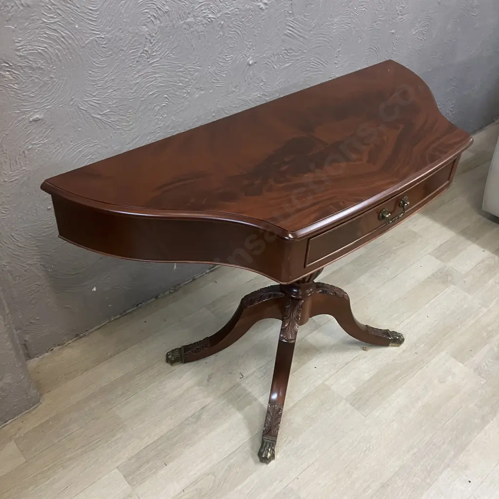 Mahogany Burr Side Table With Carved Pedestal Base & 4 Brass Claw Feet. H68 W103 D40.5cm Image 1++
