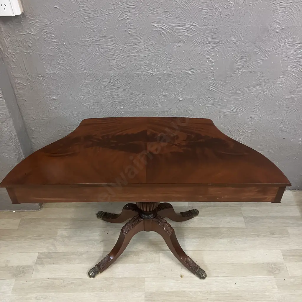 Mahogany Burr Side Table With Carved Pedestal Base & 4 Brass Claw Feet. H68 W103 D40.5cm Image 1++
