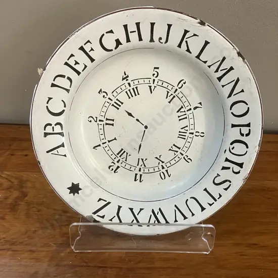 Rare Antique Enamelware Childs Early Learning Plate Clock, Numbers & Alphabet - GMT & Bro Germany. 20cm