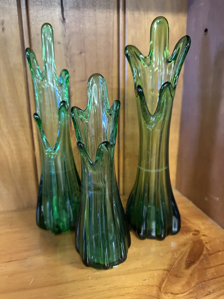 Vintage Swung Green Glass Five Fingered Stretched Handblown  Vases x3 Image 1++