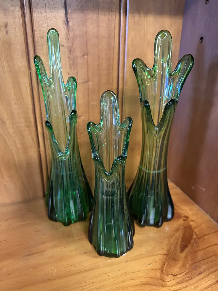Vintage Swung Green Glass Five Fingered Stretched Handblown  Vases x3 Image 1++