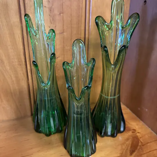 Vintage Swung Green Glass Five Fingered Stretched Handblown  Vases x3