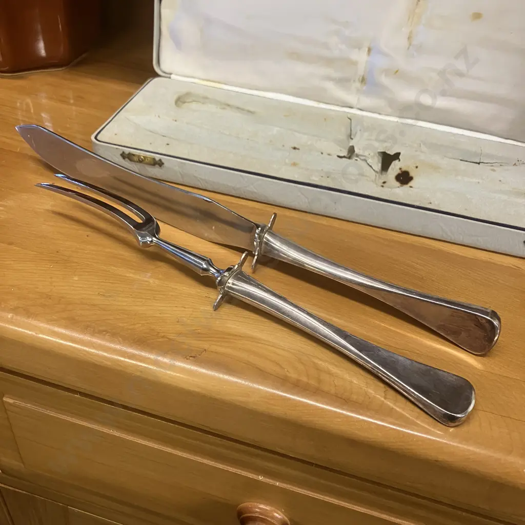 A Danish Cased Sterling Silver 2 Pce Carving Set, W&S Sorensen, Patricia - Rare Deco Pattern Image 1++