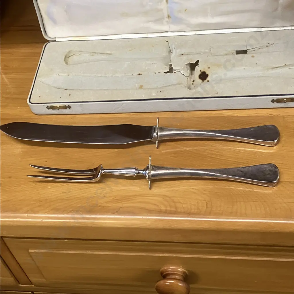 A Danish Cased Sterling Silver 2 Pce Carving Set, W&S Sorensen, Patricia - Rare Deco Pattern Image 1++