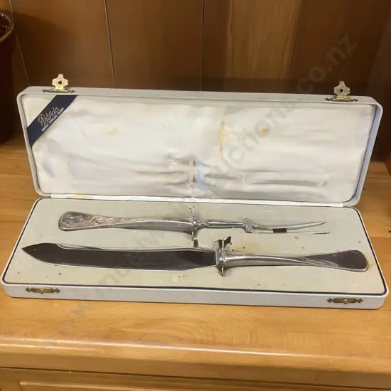 A Danish Cased Sterling Silver 2 Pce Carving Set, W&S Sorensen, Patricia - Rare Deco Pattern