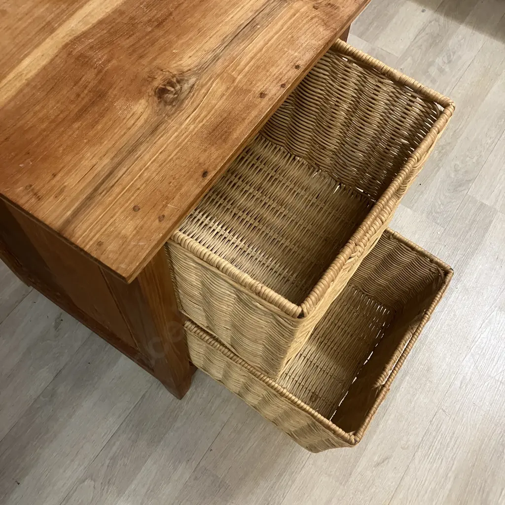 Vintage Wood Drawer Unit With 2 Cane Baskets. H60 W40 D40cm Image 1++