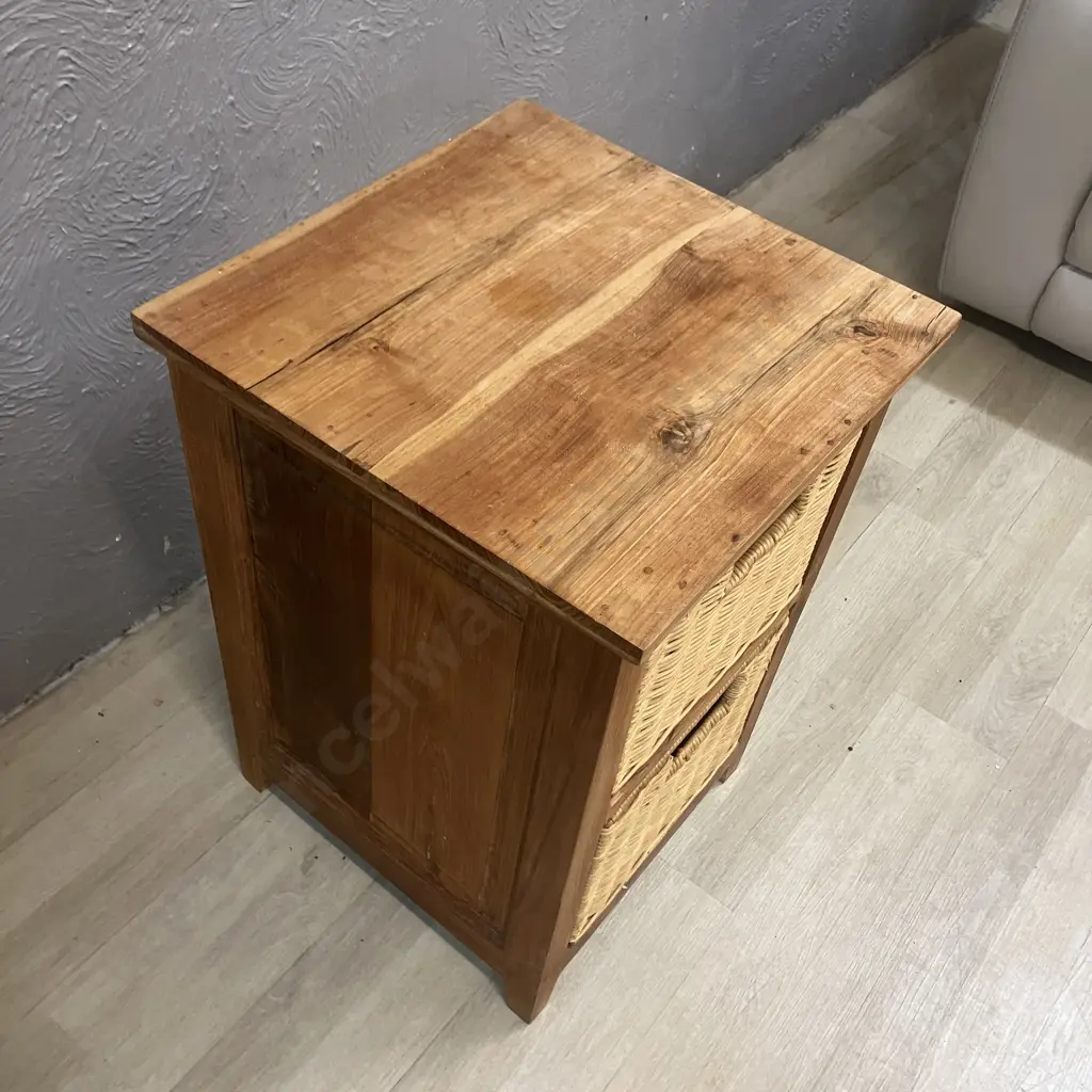 Vintage Wood Drawer Unit With 2 Cane Baskets. H60 W40 D40cm Image 1++