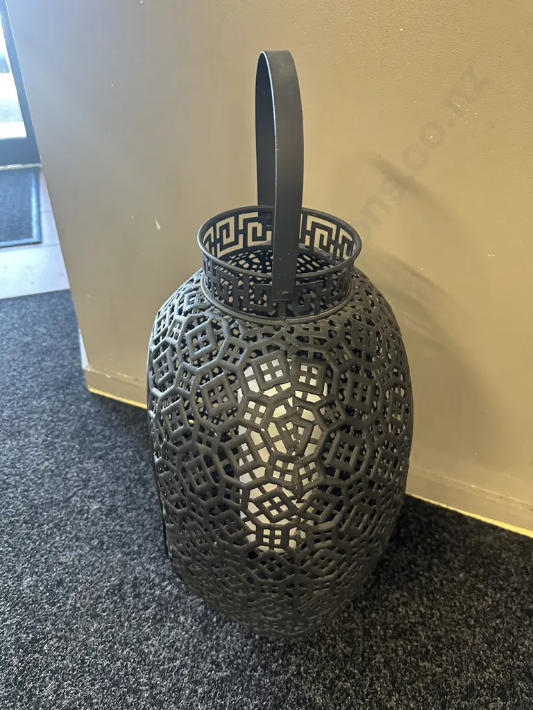 Black Metal Lantern With White Candle. H65cm Image 1++