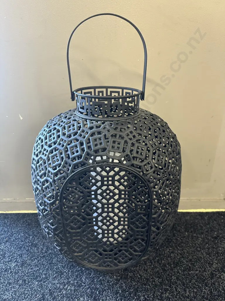 Black Metal Lantern With White Candle. H65cm Image 1++