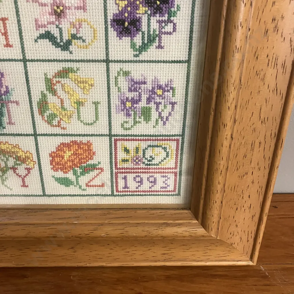 Large Vintage Botanical Alphabet Cross-Stitch Sampler 1993, Glazed Framed. 58 x 50cm Image 1++