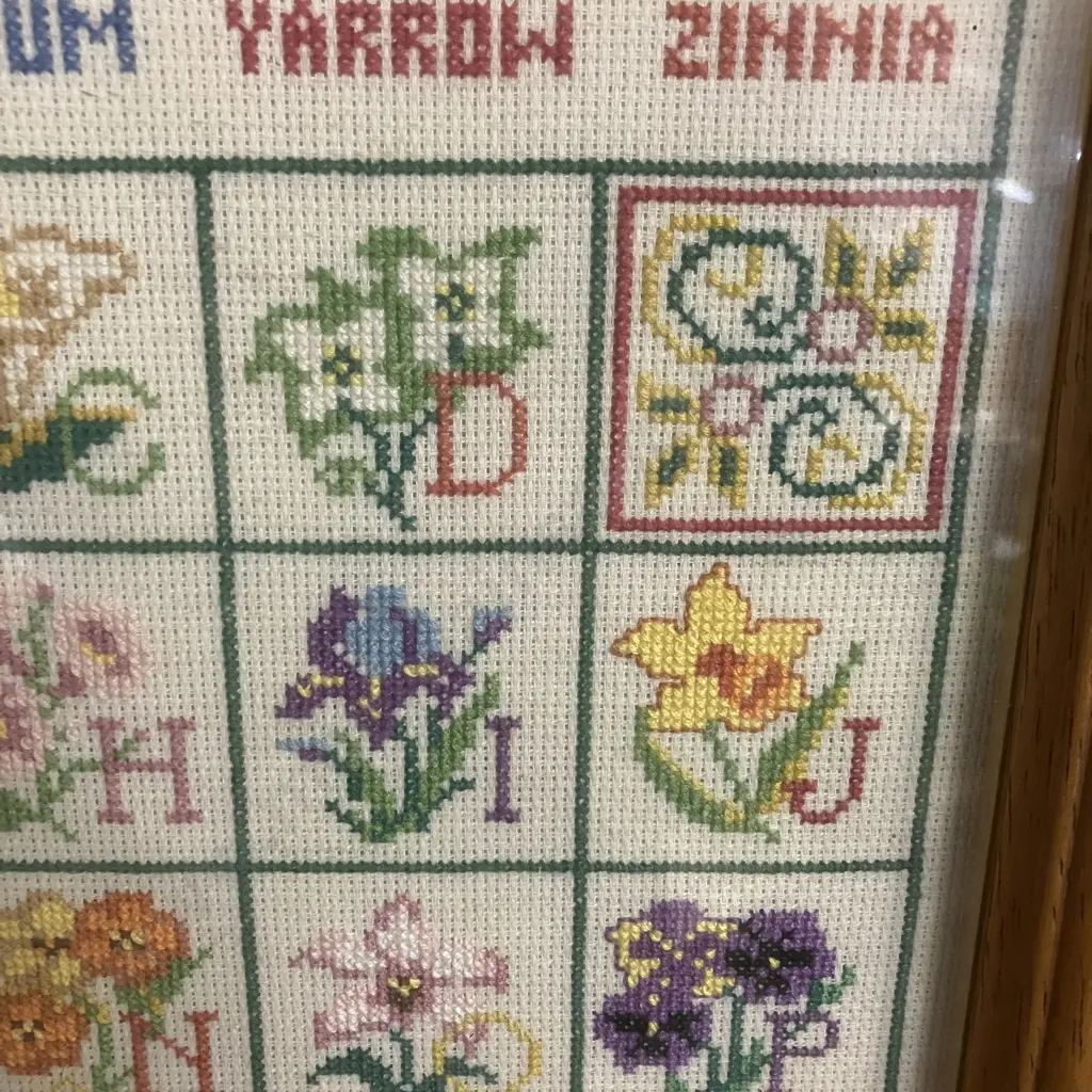 Large Vintage Botanical Alphabet Cross-Stitch Sampler 1993, Glazed Framed. 58 x 50cm Image 1++