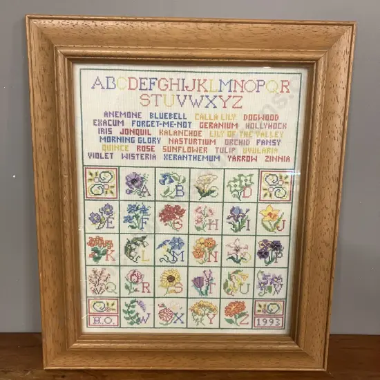 Large Vintage Botanical Alphabet Cross-Stitch Sampler 1993, Glazed Framed. 58 x 50cm