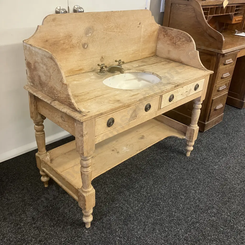Antique Victorian Pine Washstand With Brass Taps & Spout, 2 x False Drawers. H109 W118 D52cm Image 1++