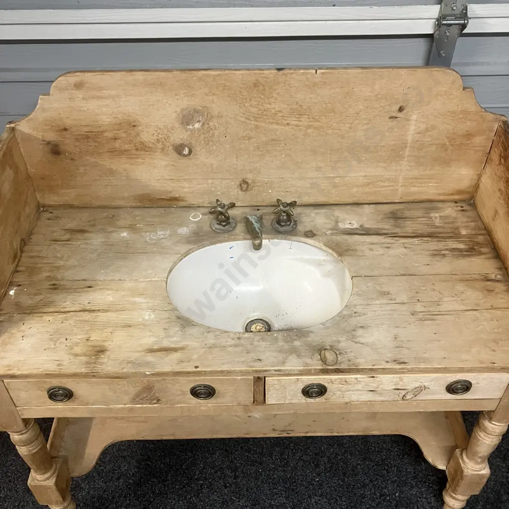 Antique Victorian Pine Washstand With Brass Taps & Spout, 2 x False Drawers. H109 W118 D52cm Image 1++