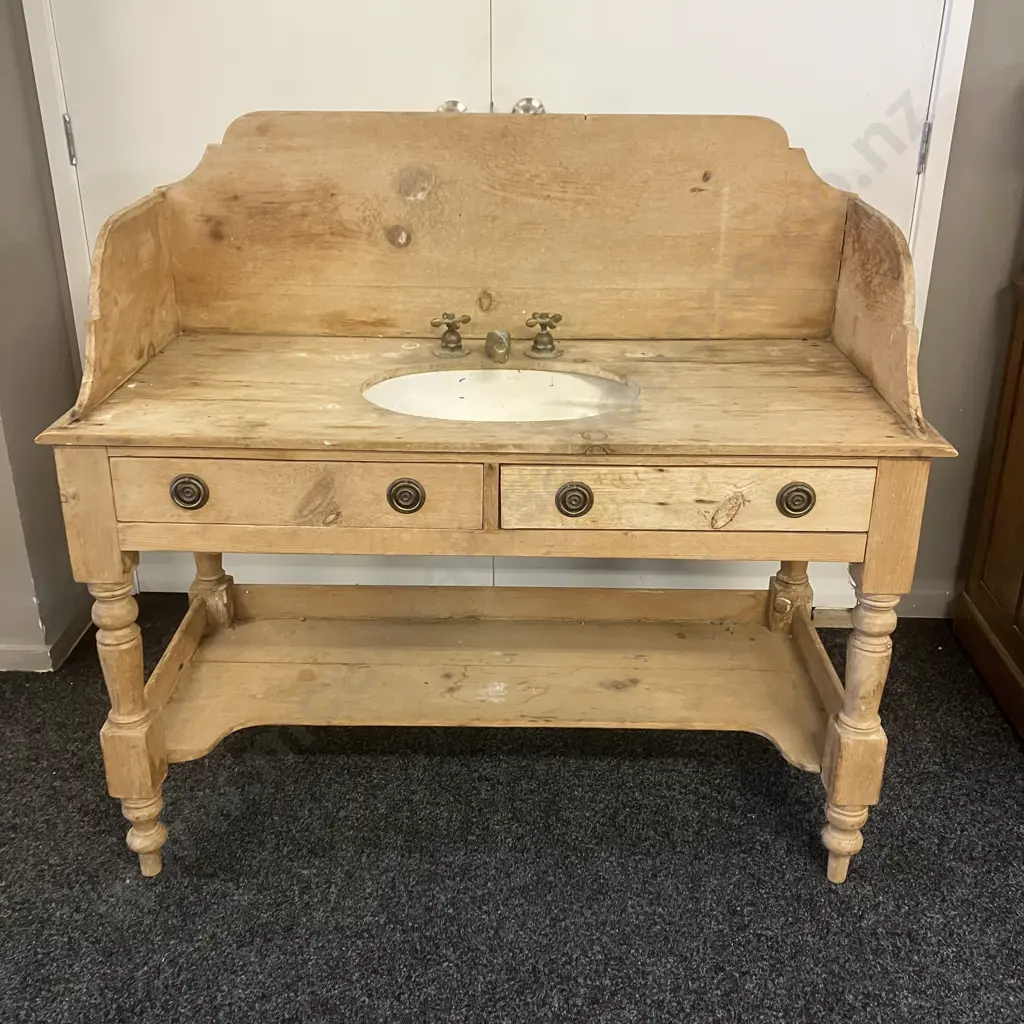 Antique Victorian Pine Washstand With Brass Taps & Spout, 2 x False Drawers. H109 W118 D52cm Image 1++