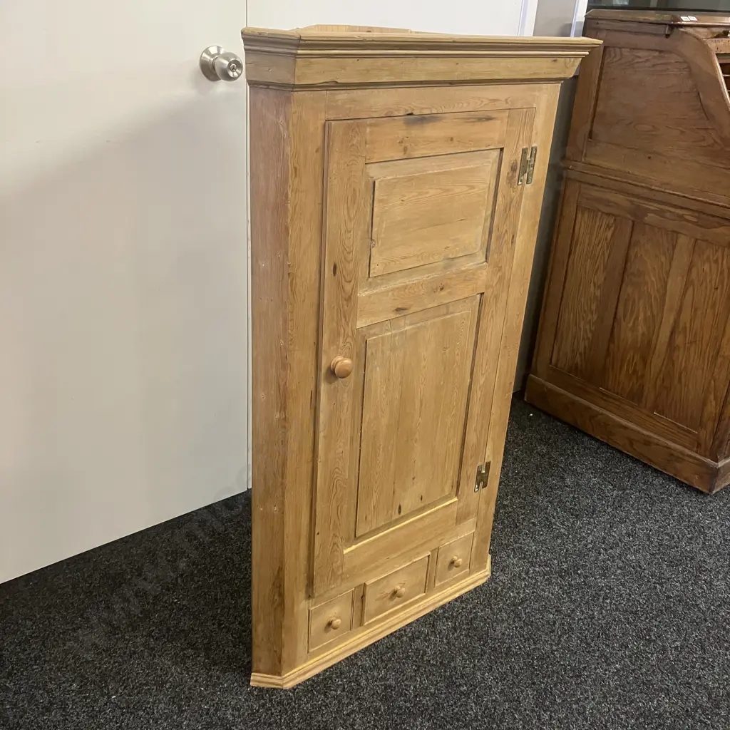 Antique English Pine Hanging Corner Cupboard, 1 Drawer, 1 Door. H116 W71 D35.5cm Image 1++