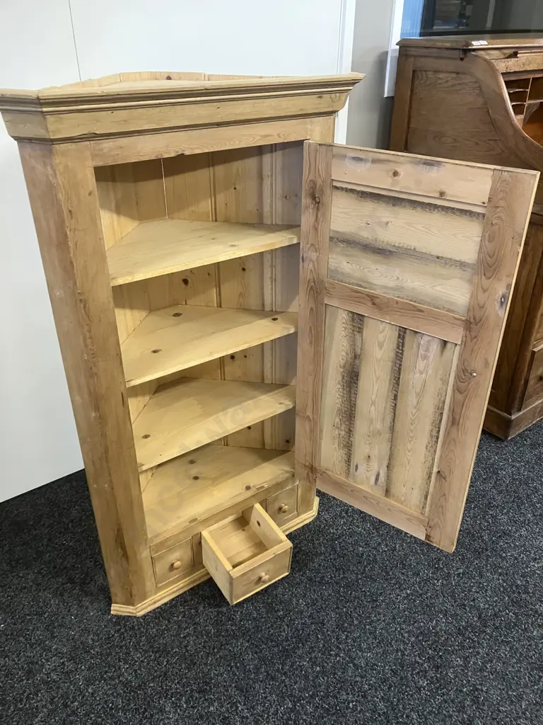 Antique English Pine Hanging Corner Cupboard, 1 Drawer, 1 Door. H116 W71 D35.5cm Image 1++