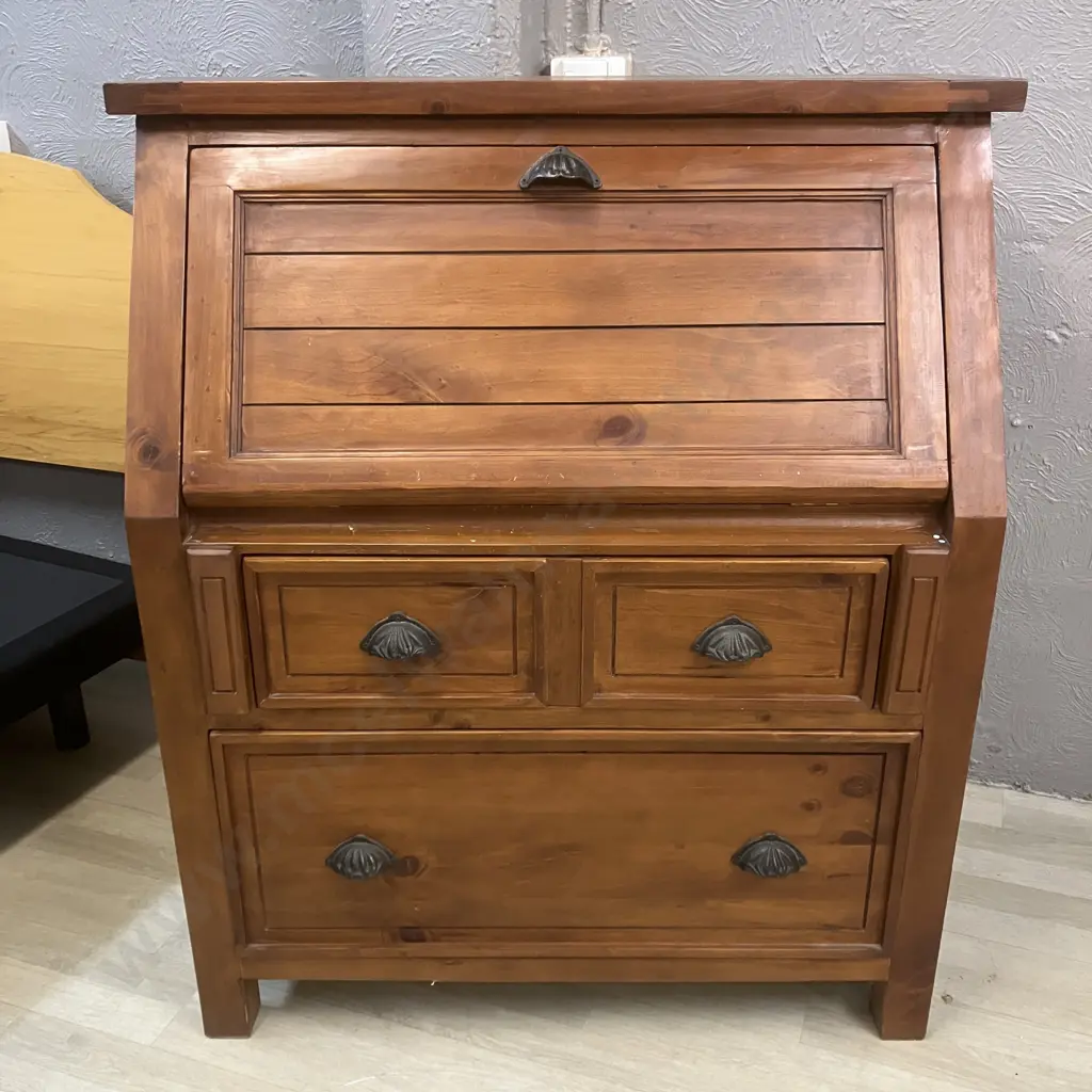 Country Coast Style Solid Pine Drop Front Desk With Black Writing Surface, Metal Clam Draw Pulls. H117 W99.5 D49cm Image 1++
