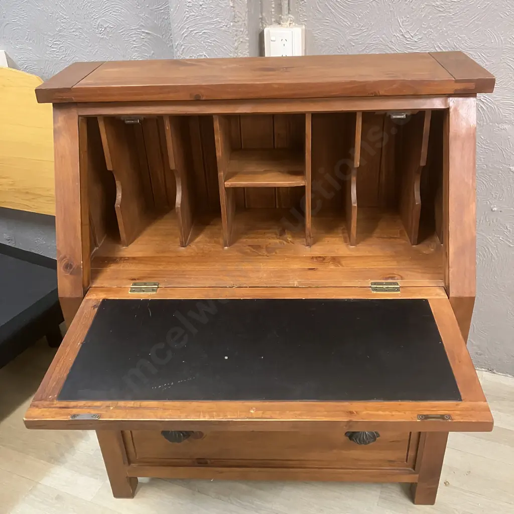 Country Coast Style Solid Pine Drop Front Desk With Black Writing Surface, Metal Clam Draw Pulls. H117 W99.5 D49cm Image 1++