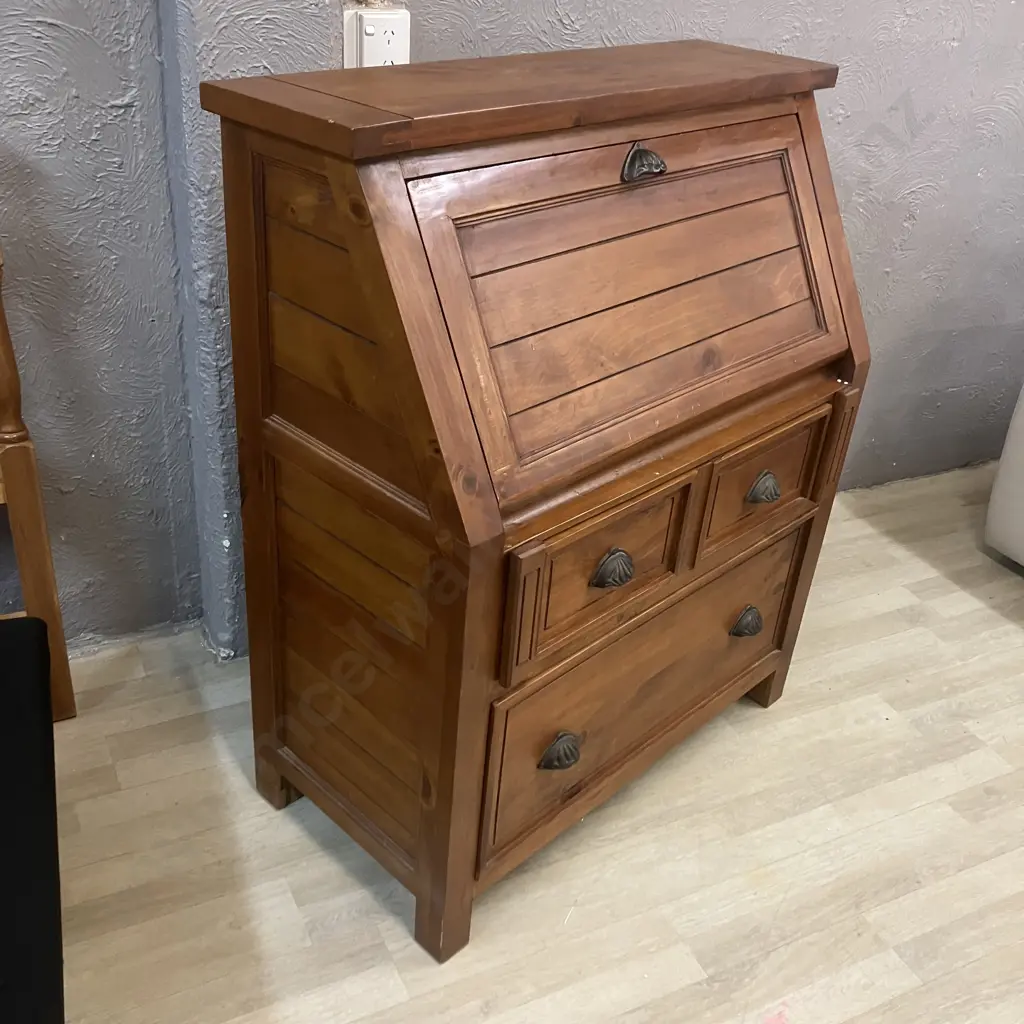 Country Coast Style Solid Pine Drop Front Desk With Black Writing Surface, Metal Clam Draw Pulls. H117 W99.5 D49cm Image 1++