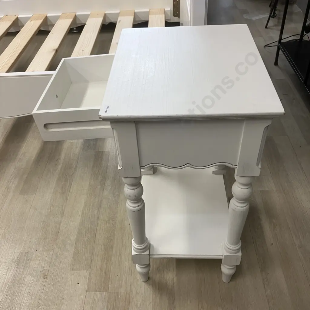 White French Provincial Style Single Bed With Sleepmaker Mattress & Matching Single Drawer Bedside - Ex Early Settler Image 1++