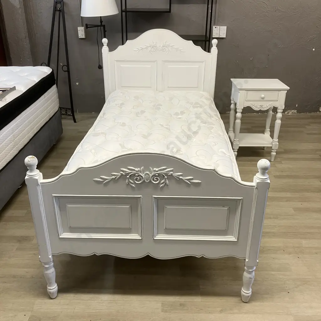 White French Provincial Style Single Bed With Sleepmaker Mattress & Matching Single Drawer Bedside - Ex Early Settler Image 1++