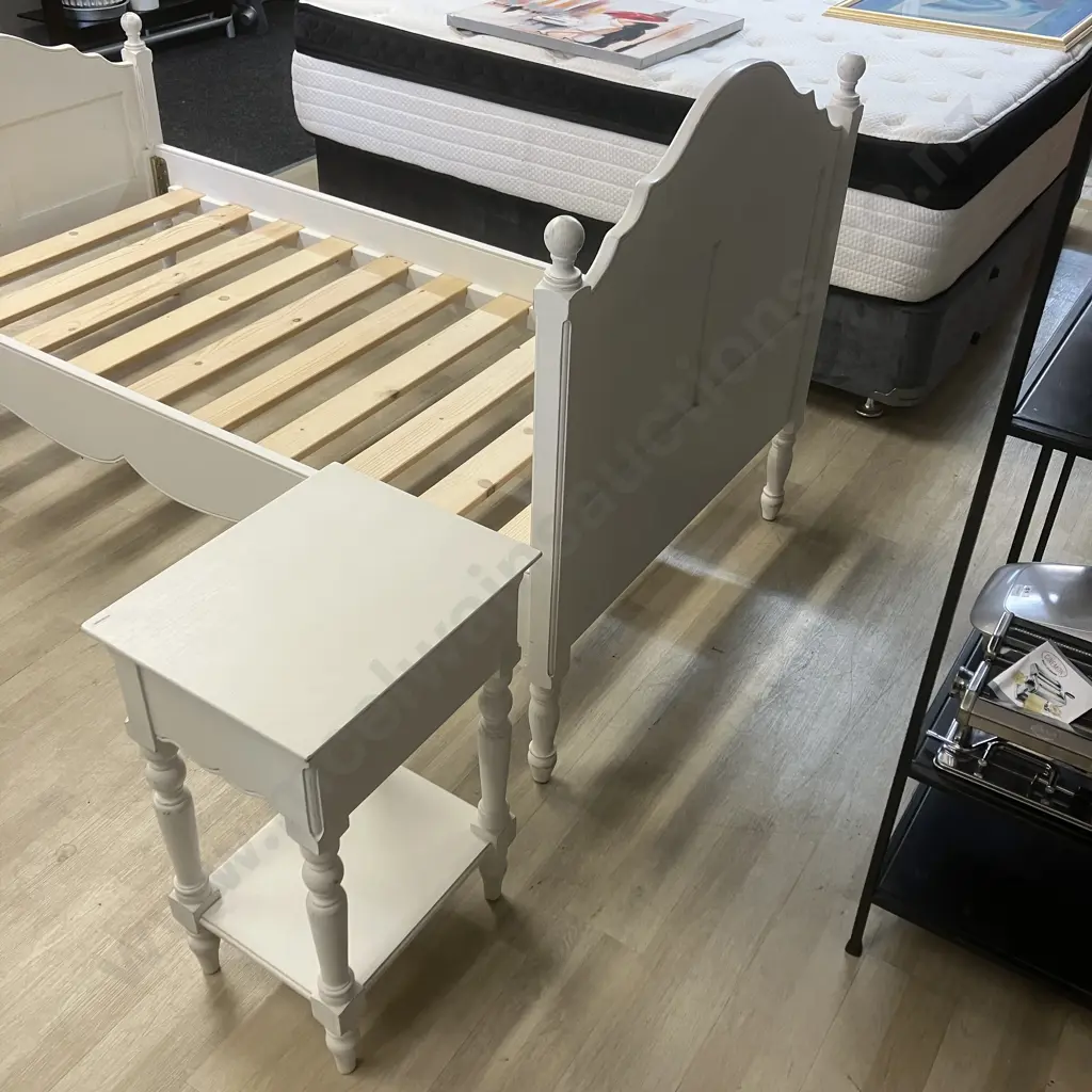 White French Provincial Style Single Bed With Sleepmaker Mattress & Matching Single Drawer Bedside - Ex Early Settler Image 1++
