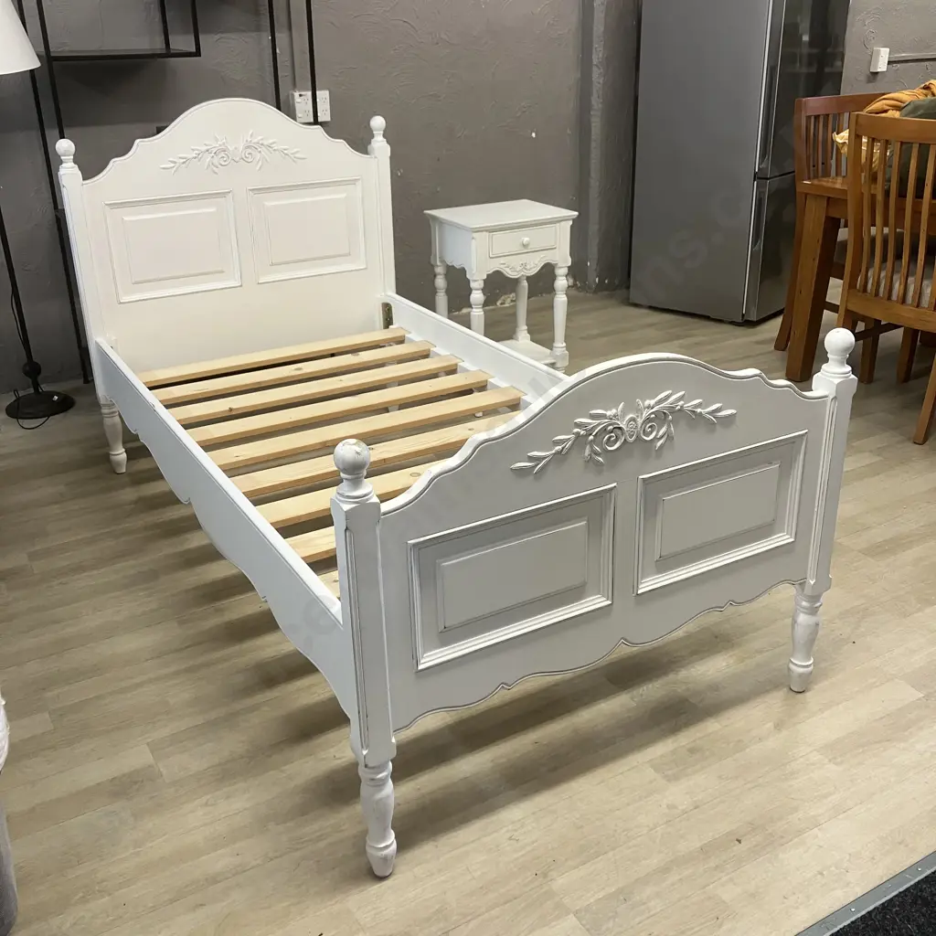 White French Provincial Style Single Bed With Sleepmaker Mattress & Matching Single Drawer Bedside - Ex Early Settler Image 1++