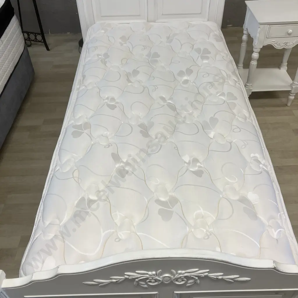 White French Provincial Style Single Bed With Sleepmaker Mattress & Matching Single Drawer Bedside - Ex Early Settler Image 1++
