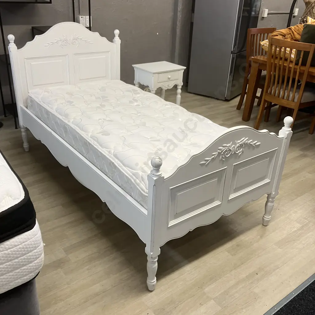 White French Provincial Style Single Bed With Sleepmaker Mattress & Matching Single Drawer Bedside - Ex Early Settler Image 1++