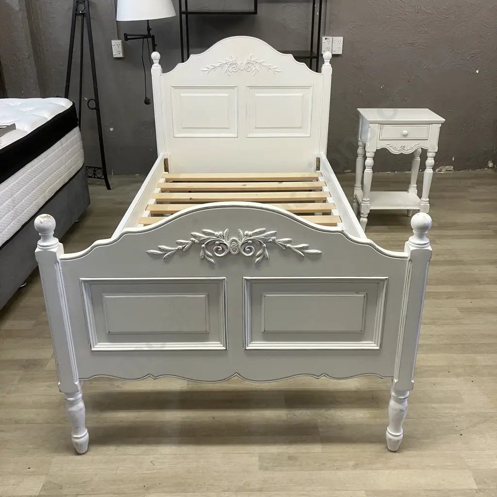 White French Provincial Style Single Bed With Sleepmaker Mattress & Matching Single Drawer Bedside - Ex Early Settler Image 1++