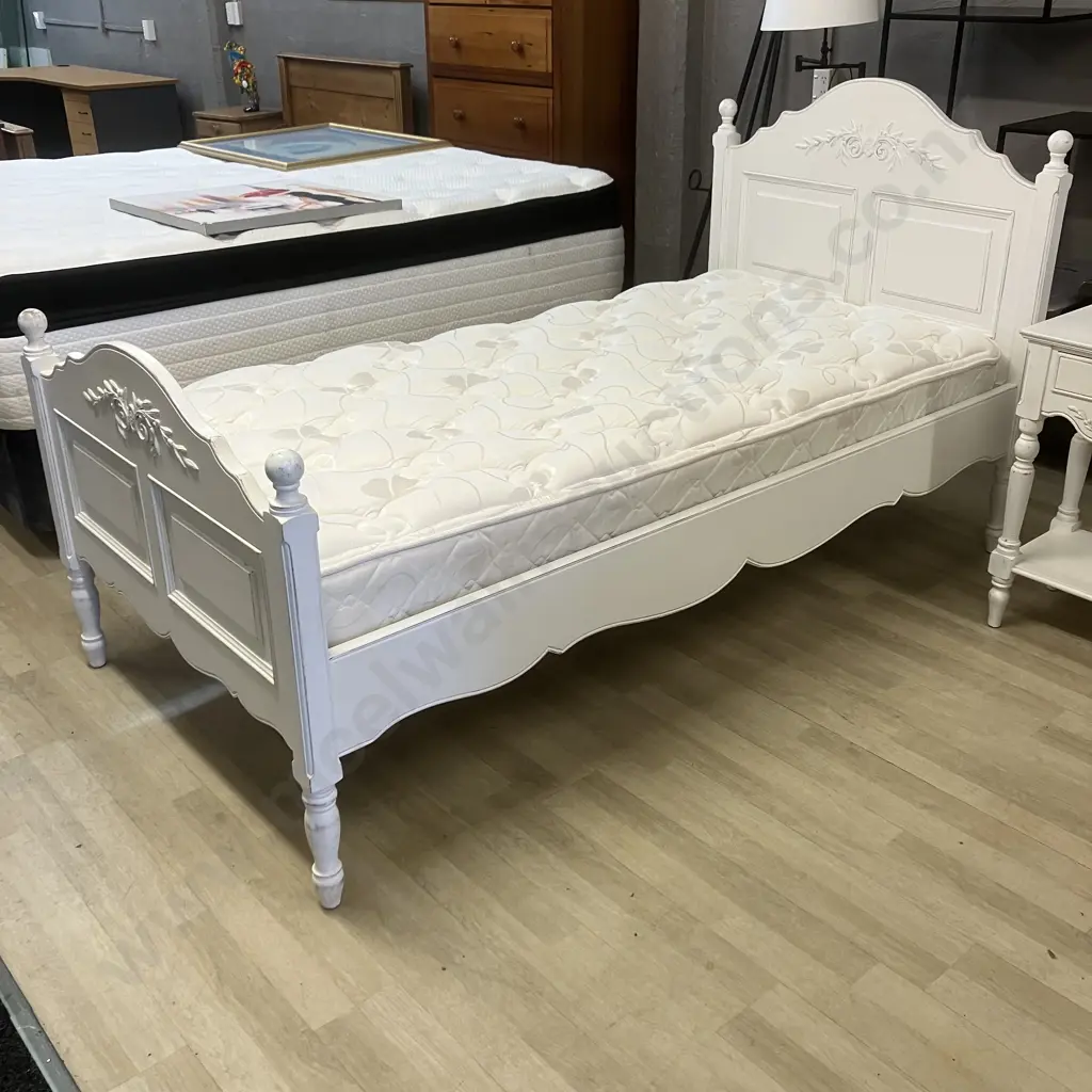 White French Provincial Style Single Bed With Sleepmaker Mattress & Matching Single Drawer Bedside - Ex Early Settler Image 1++