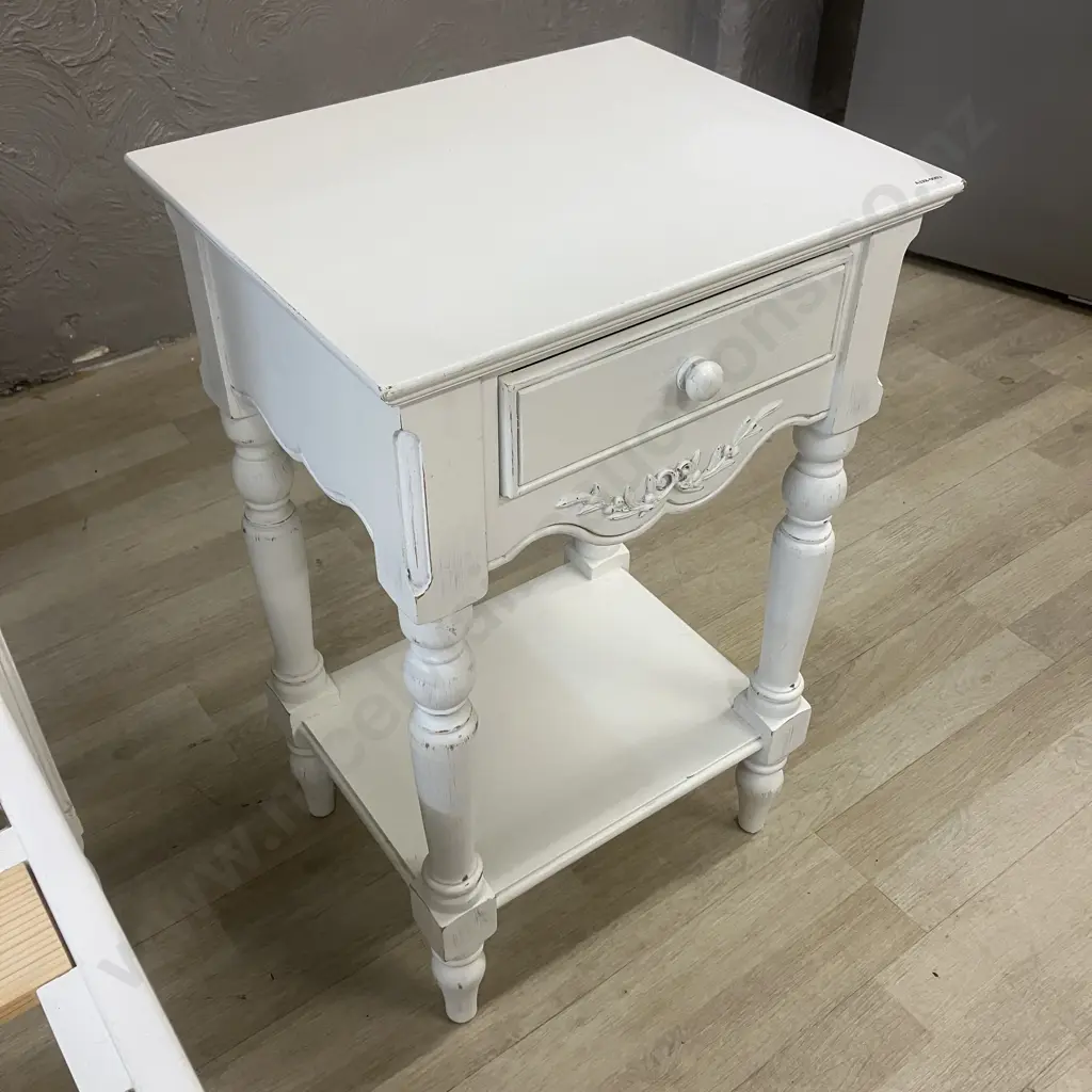 White French Provincial Style Single Bed With Sleepmaker Mattress & Matching Single Drawer Bedside - Ex Early Settler Image 1++