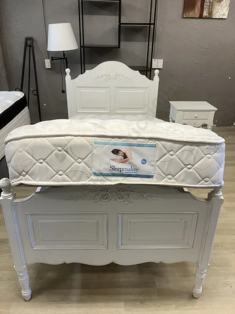 White French Provincial Style Single Bed With Sleepmaker Mattress & Matching Single Drawer Bedside - Ex Early Settler Image 1++
