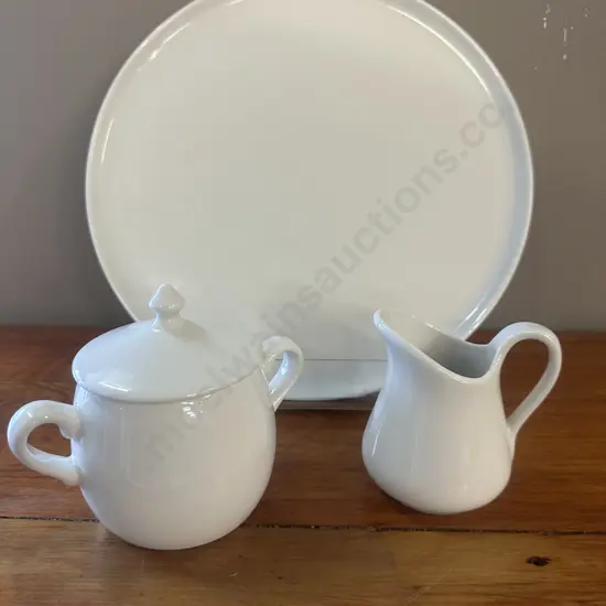 Pillivuyt Round White Porcelain Cheese Cake Plate, Sugar Bowl & Creamer Dia30cm.