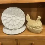 Vintage 1960s Moira Pottery England Sitting Hen On Nest Egg Basket & Pair of White Ceramic 34cm Deviled Egg Platters Image 1++