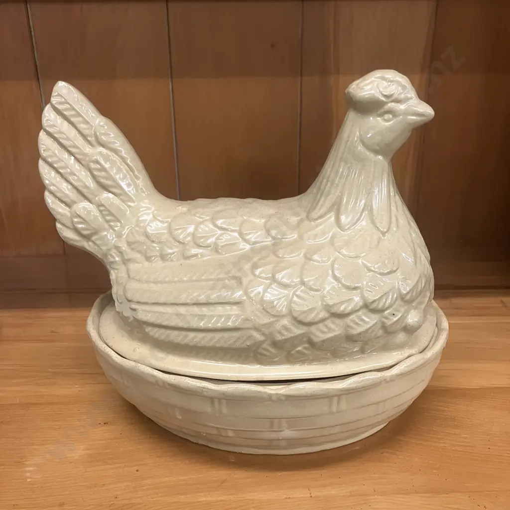 Vintage 1960s Moira Pottery England Sitting Hen On Nest Egg Basket & Pair of White Ceramic 34cm Deviled Egg Platters Image 1++