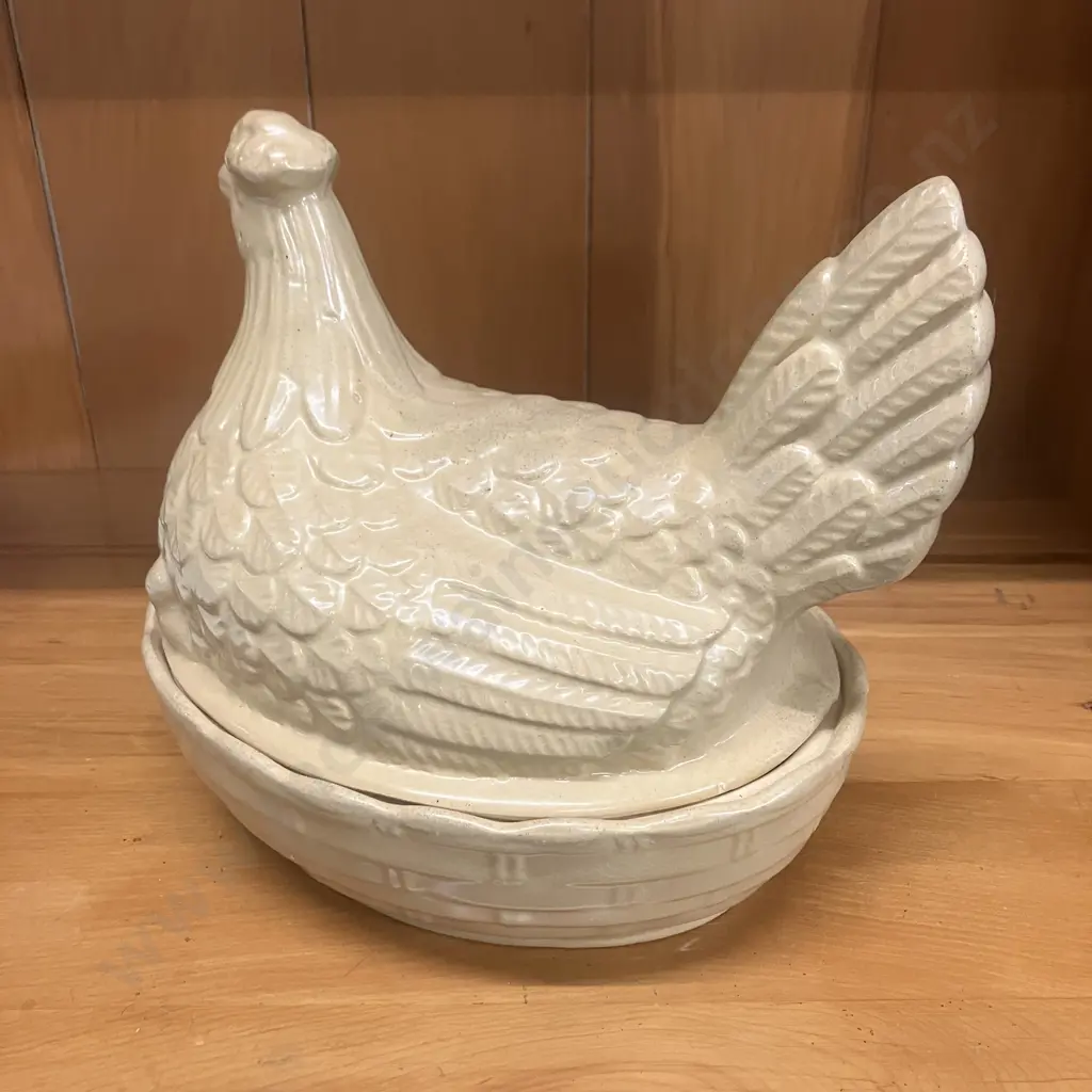 Vintage 1960s Moira Pottery England Sitting Hen On Nest Egg Basket & Pair of White Ceramic 34cm Deviled Egg Platters Image 1++