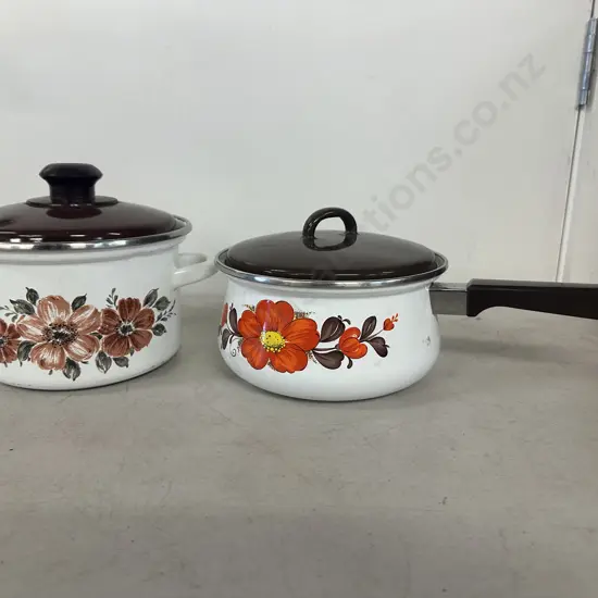 Vintage 1970s Enamel Ware Pots With Floral Detail 