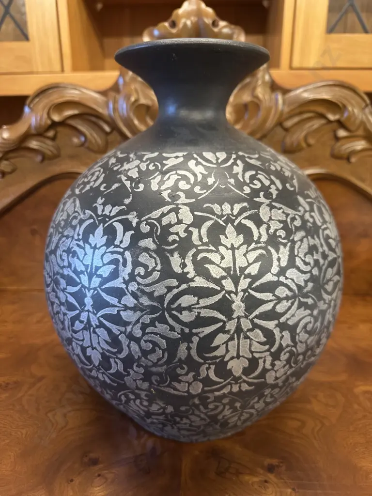 May Time Bulbous Vase, Black & Silver Floral Detail. H32cm Image 1++