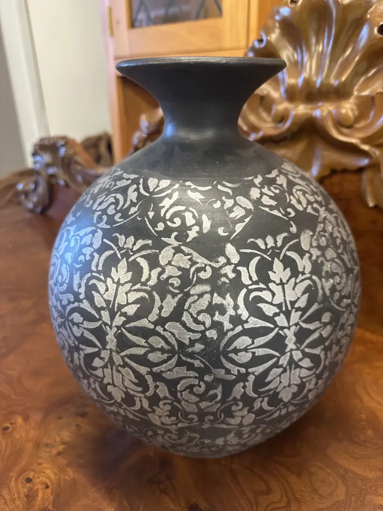 May Time Bulbous Vase, Black & Silver Floral Detail. H32cm Image 1++