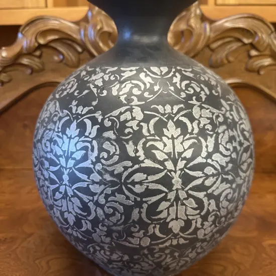 May Time Bulbous Vase, Black & Silver Floral Detail. H32cm