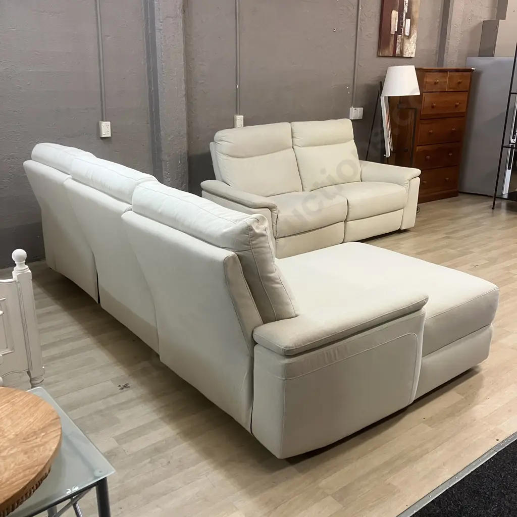 3 Seater Power Reclining Sofa with Left-Hand Facing Chaise With 2 Seater Power Reclining Sofa In Cream Coloured Fabric Image 1++