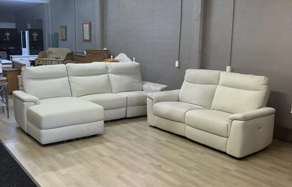 3 Seater Power Reclining Sofa with Left-Hand Facing Chaise With 2 Seater Power Reclining Sofa In Cream Coloured Fabric Image 1++