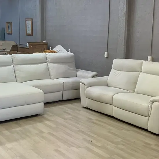 3 Seater Power Reclining Sofa with Left-Hand Facing Chaise With 2 Seater Power Reclining Sofa In Cream Coloured Fabric