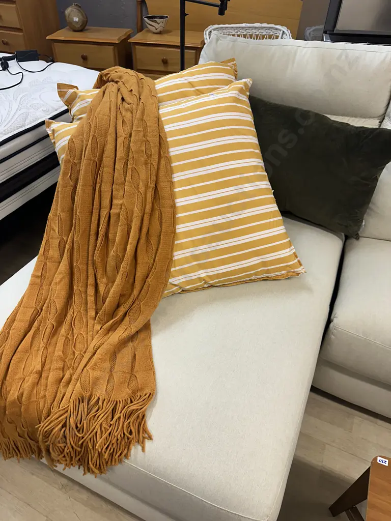Design Republique Green Verity Lumber Cushion, Gracious Living Gold & White Euro Pillows & Gold Coloured Throw Image 1++