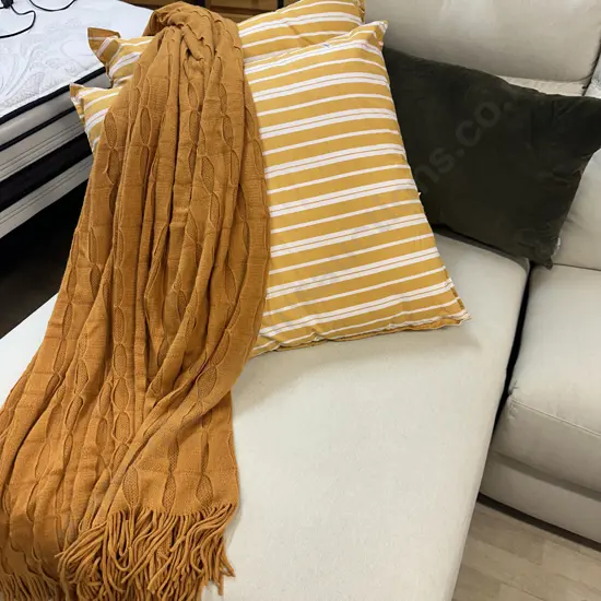 Design Republique Green Verity Lumber Cushion, Gracious Living Gold & White Euro Pillows & Gold Coloured Throw