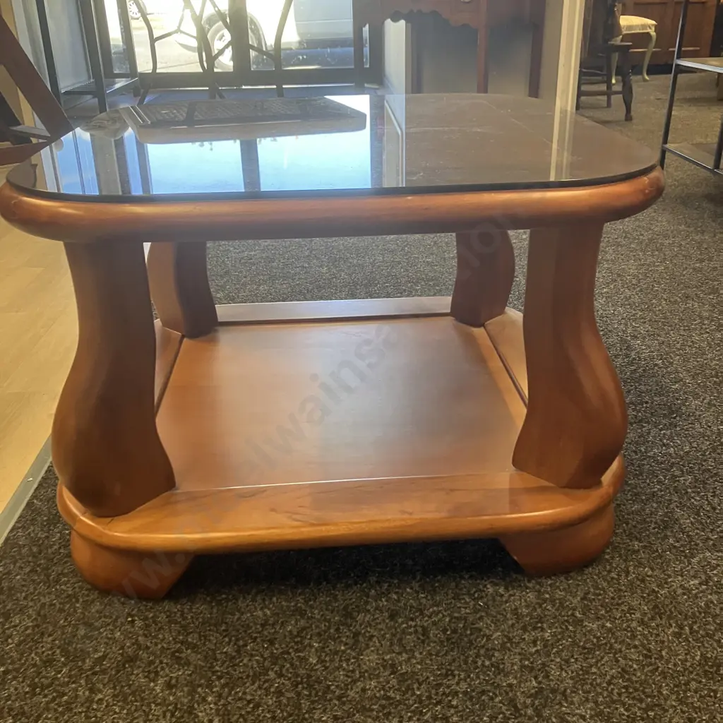 Mid Century Modern Rimu Coffee Table, Smoked Glass Top. 48 x 72cm Image 1++