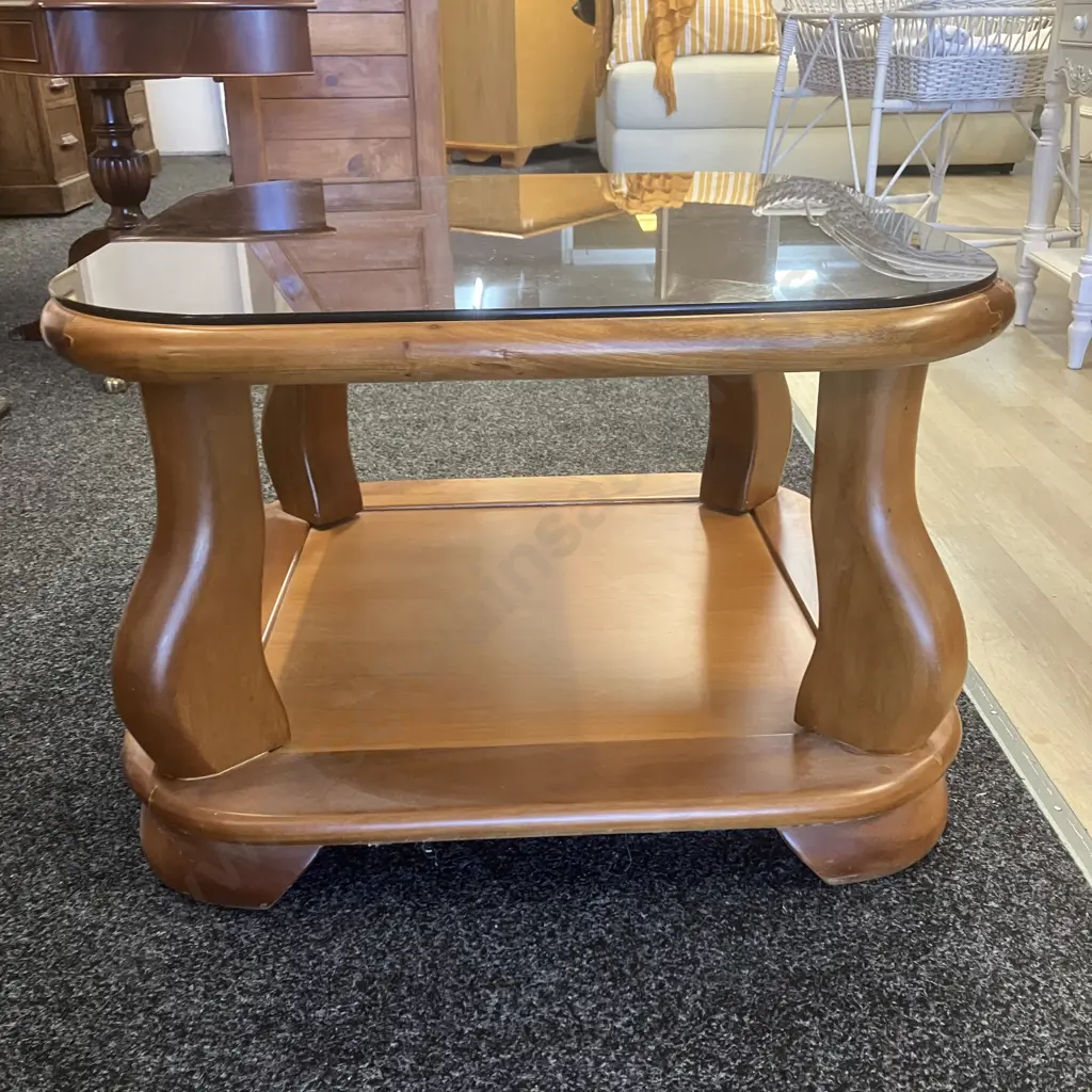 Mid Century Modern Rimu Coffee Table, Smoked Glass Top. 48 x 72cm Image 1++