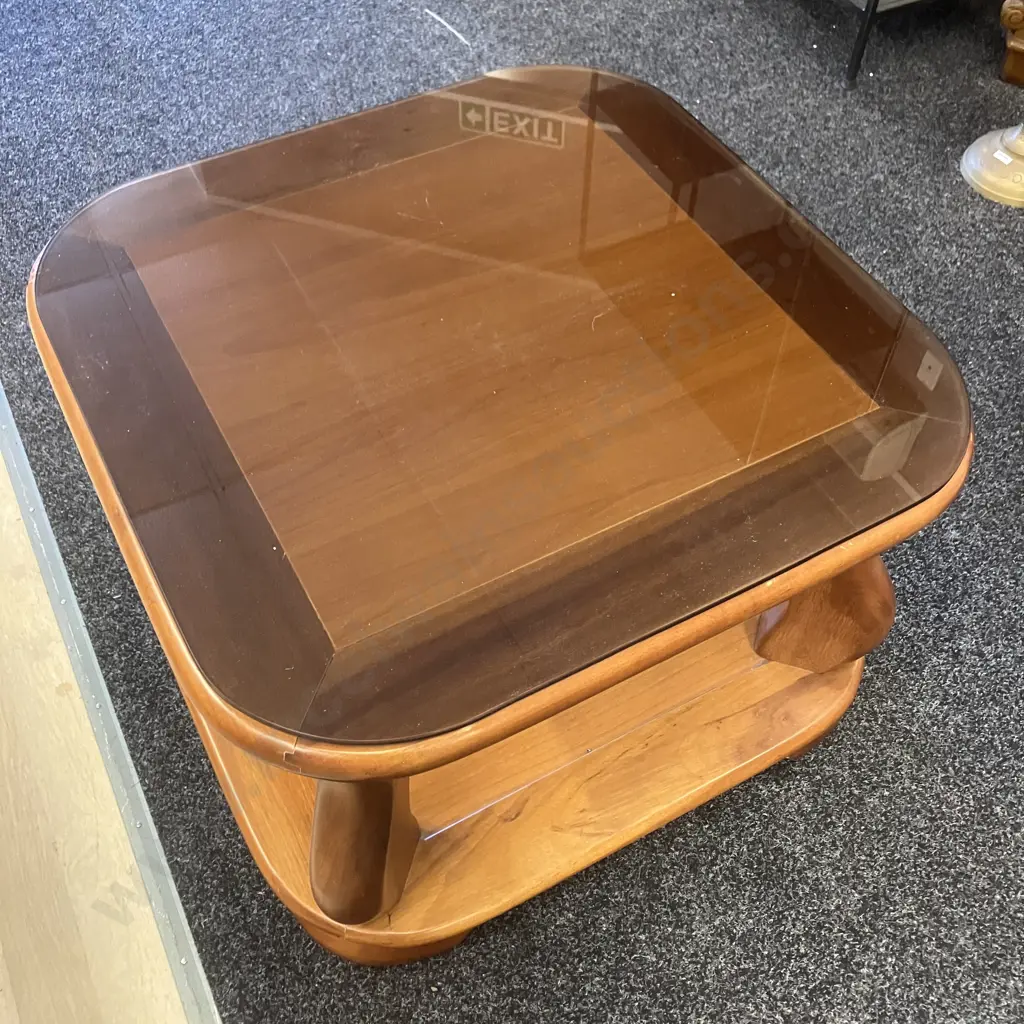 Mid Century Modern Rimu Coffee Table, Smoked Glass Top. 48 x 72cm Image 1++